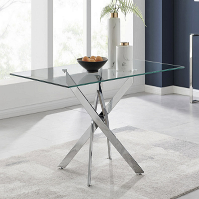 Table rectangulaire moderne en verre trempé et cadre en fer argenté, Argent