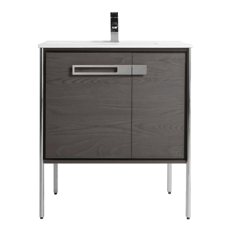 30" Single Bathroom Vanity, Black Coal Oak, Polished Chrome