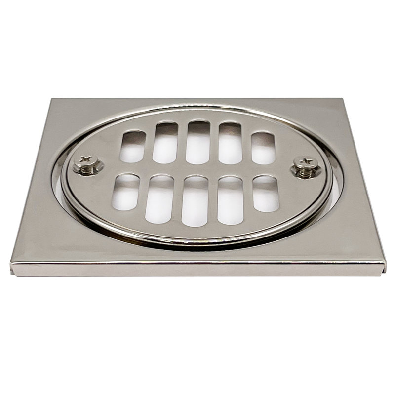Carreau de douche carré en laiton avec couvercle de bonde rond et couronne, Nickel poli
