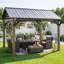 Pavillon de jardin d'extérieur en acier galvanisé à toit rigide Sunjoy de 13 pi x 13 pi avec toit à pignon en métal et crochet pour plafond