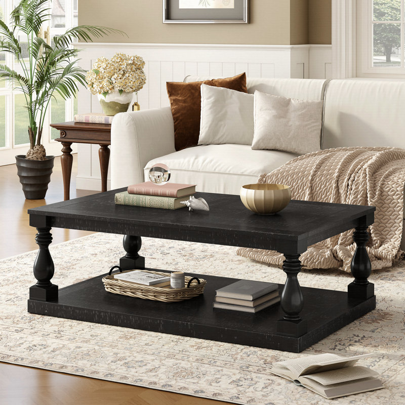 Table basse rétro avec pieds en colonne et vase en pin luxueux, Noir