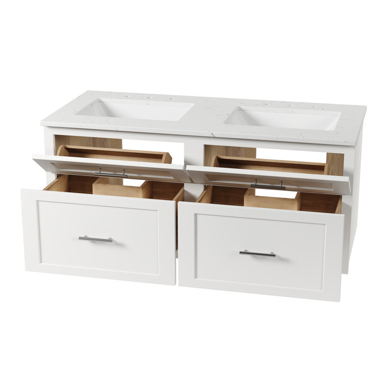 Ensemble de meuble-lavabo mural flottant double 48 po avec comptoir en quartz Disar Disar, Blanc