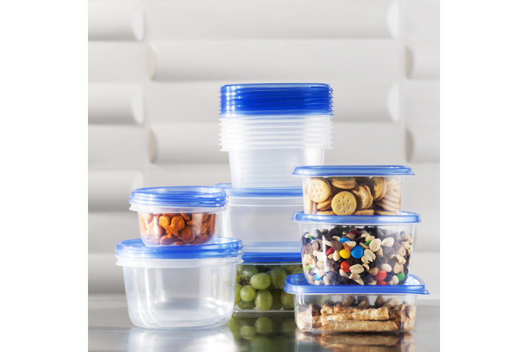 stack of blue-lidded food storage containers