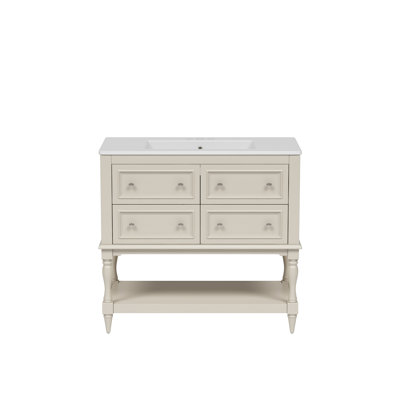 36" Bathroom Vanity Cabinet With Sink Combo Set, Undermount Ceramic Sink, Free Standing Vanity Set With 4 Drawers, Solid Wood Frame Bathroom Cabinet, Beige