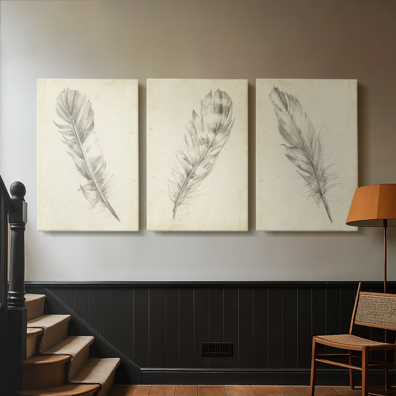 Croquis de plumes I - Toile tendue avec châssis sur mesure - 3 pièces, H 60 po x l 120 po