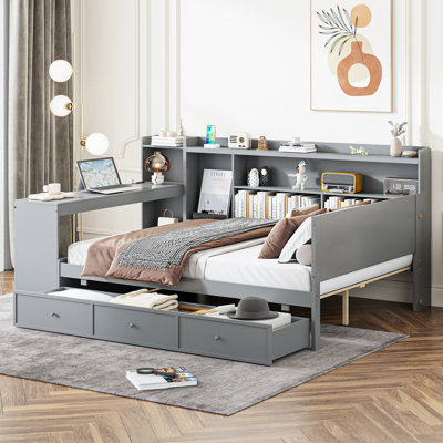 Lit de jour gris en bois avec ports et bureau - Structure en pin pour une utilisation efficace dans la chambre à coucher 3 tiroirs spacieux