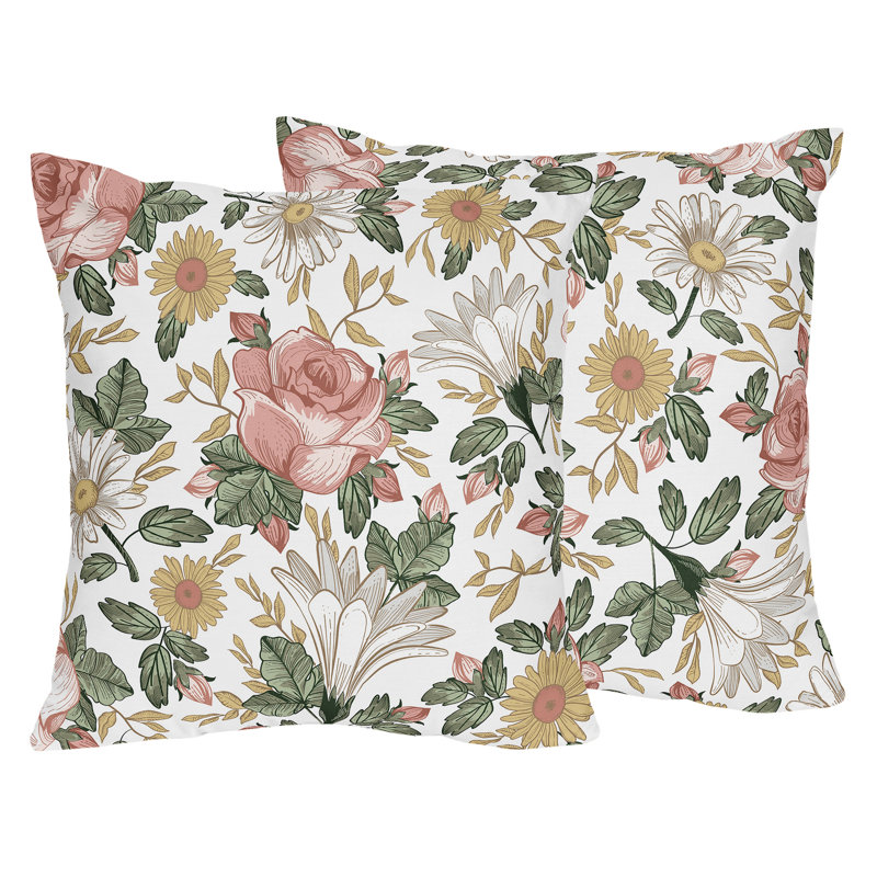Vintage Floral Pink Green Yellow Microfiber Square Throw Pillows Set