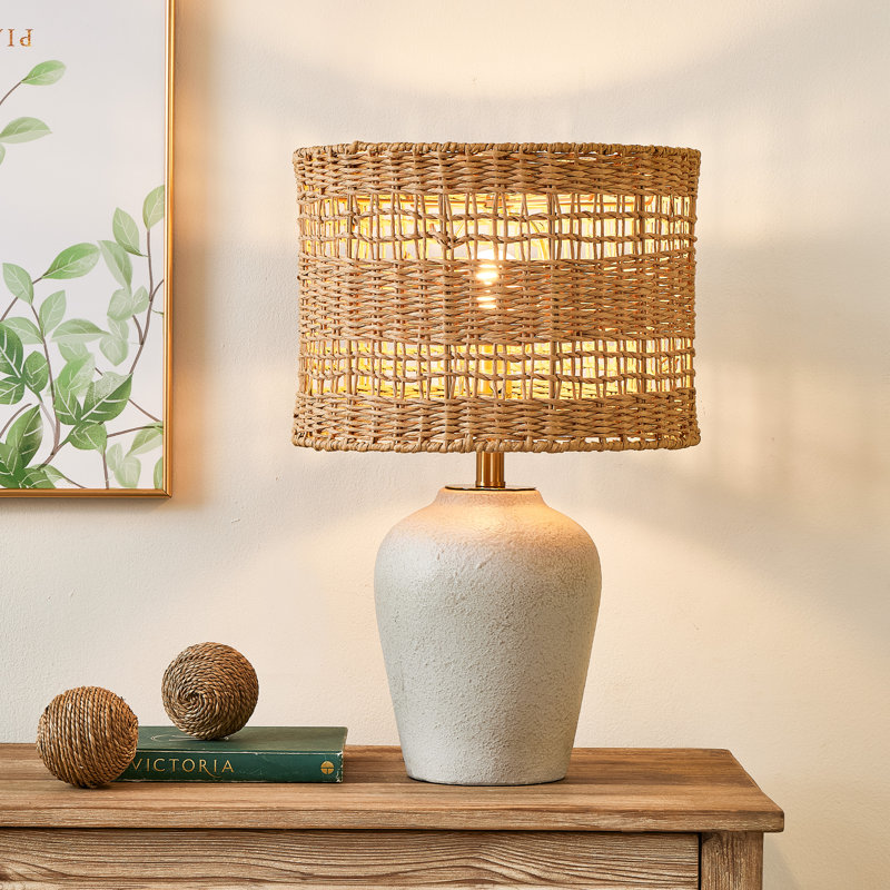 21" Boho Ceramic Gray Table Lamp with 3-Way Dimmable Handwoven Rattan Shade, Light Gray