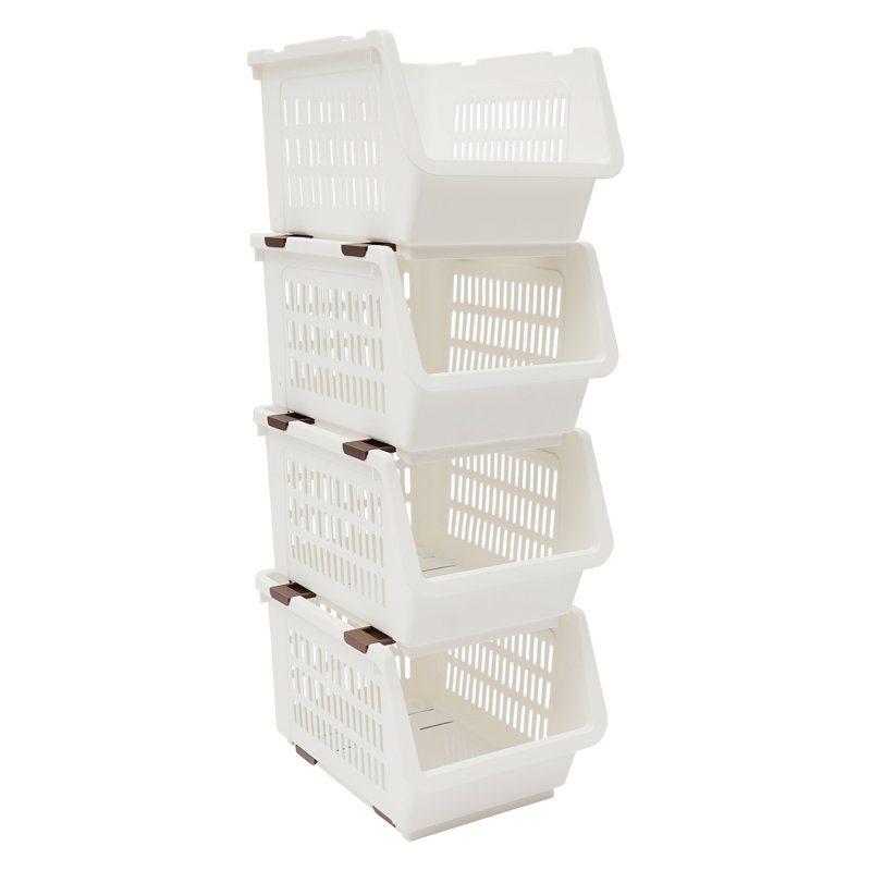 9.5" 4PCS Stacking Storage Baskets Rectangular Stackable Organizer Storage Bins Modern, White
