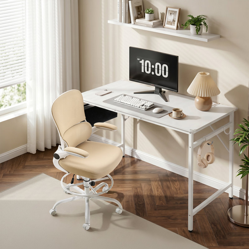 2 Piece Office Sets Computer Desk & Office Chair, White Table/Beige Chair