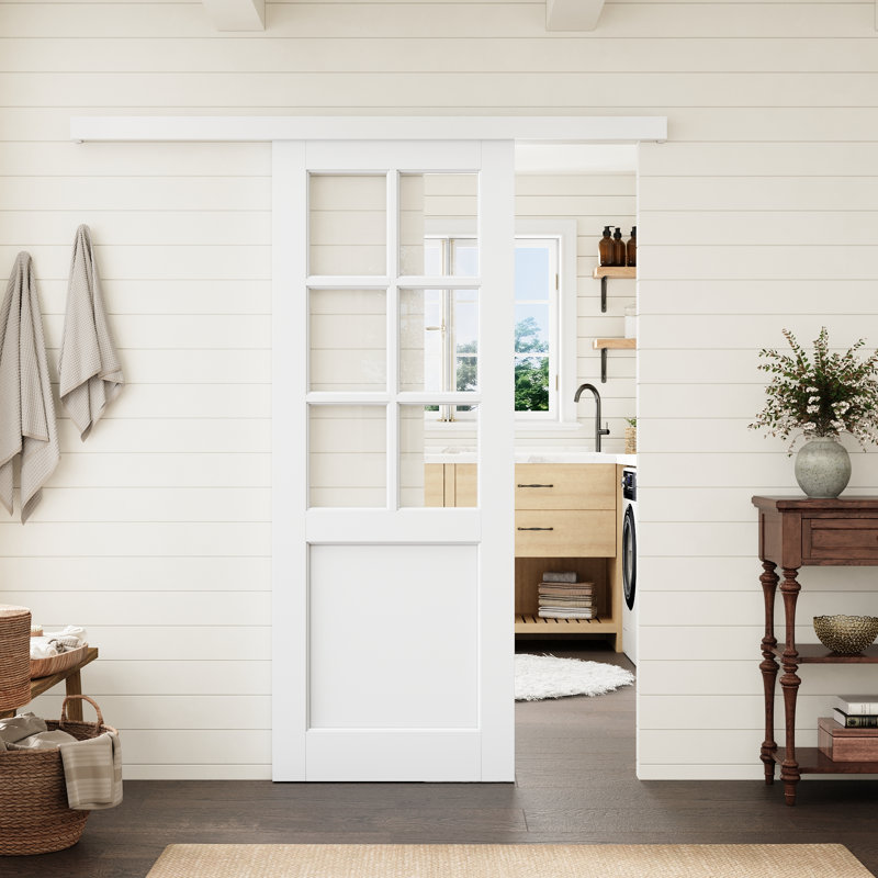 Porte standard à âme en bois massif préfinie, 6 carreaux de verre clair, 76 cm x 203 cm, avec ensemble de quincaillerie pour rail caché