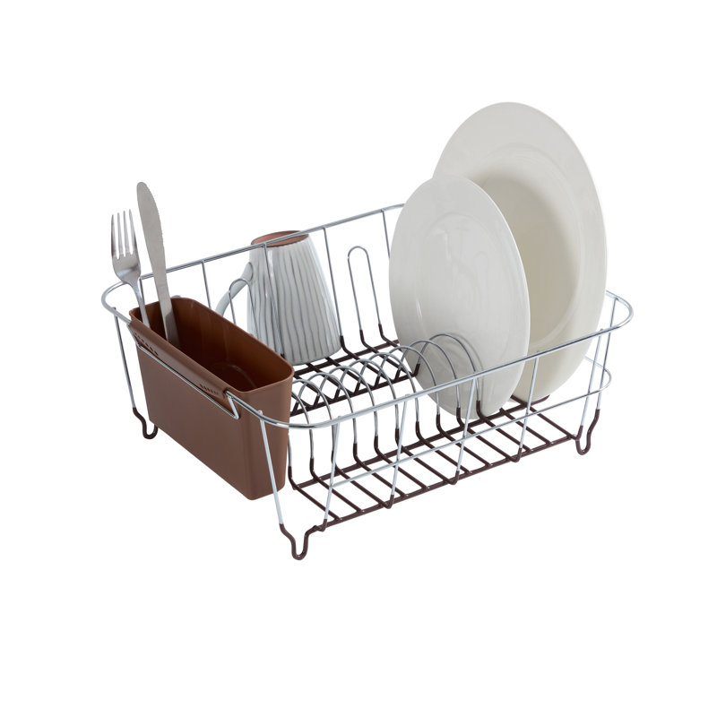 Égouttoir à vaisselle compact en acier chromé 2 pièces avec panier à ustensiles, Bronze