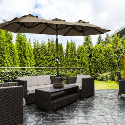 Parasol de patio double de 9,5 pi - marché extérieur scintillant avec création d'inclinaison et de manivelle, 3 bouches d'aération, 12 nervures pour la piscine de terrasse de jardin, installation expansible de masse grisâtre, élément