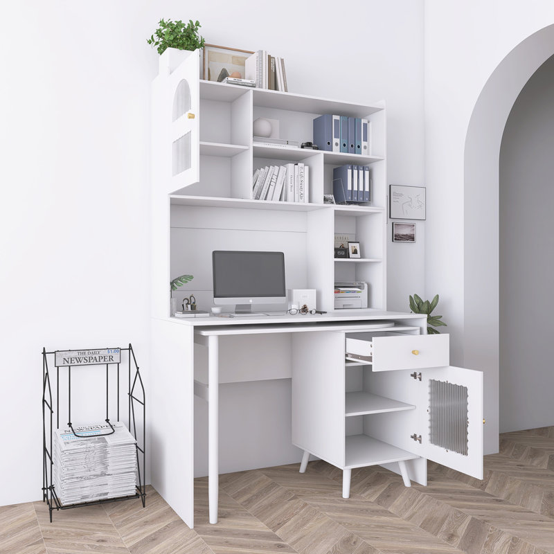 Bureau d'ordinateur rotatif avec rangement, Blanc