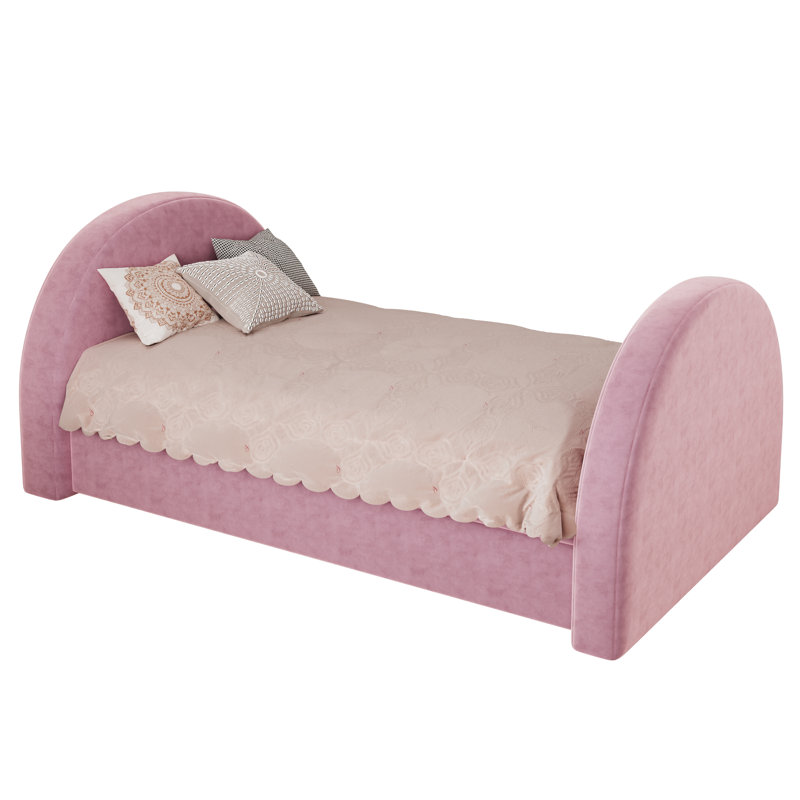 Lit de jour moderne et minimaliste rembourré avec gigogne gigogne et panneaux arrondis, Lit simple, Rose
