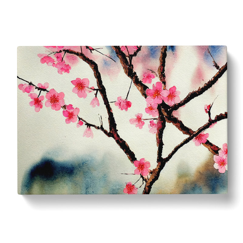 Cherry Blossom Watercolour Flowers - Wrapped Canvas Print, 50cm H x 76cm W x 3cm D