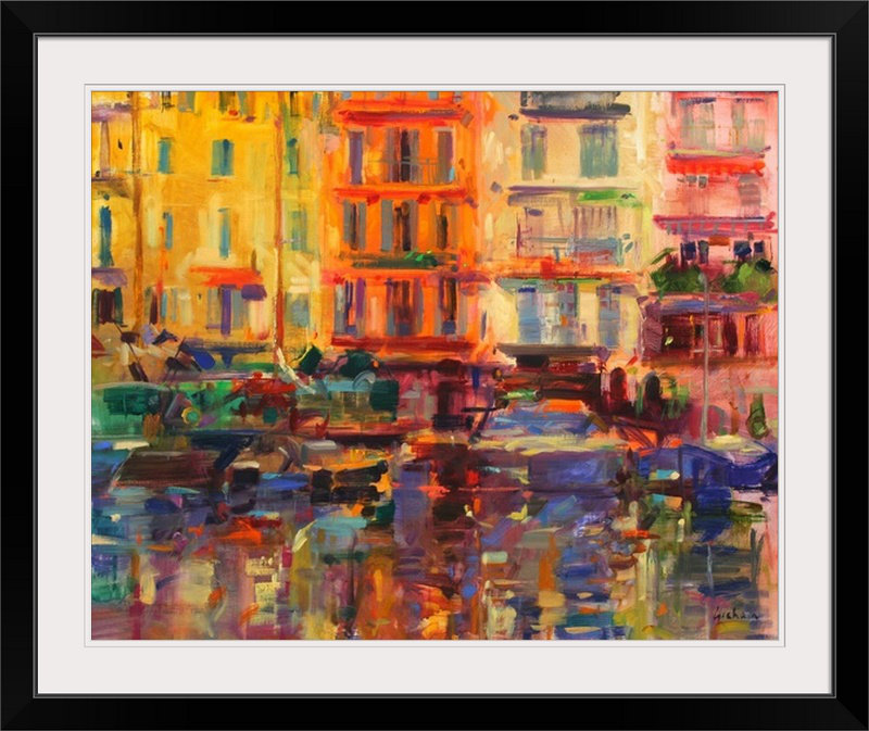 «Anjuman Grand Harbor, Cannes» par Peter Graham, reproduction d'art, H 32 po x l 38 po x P 1 po, Cadre noir