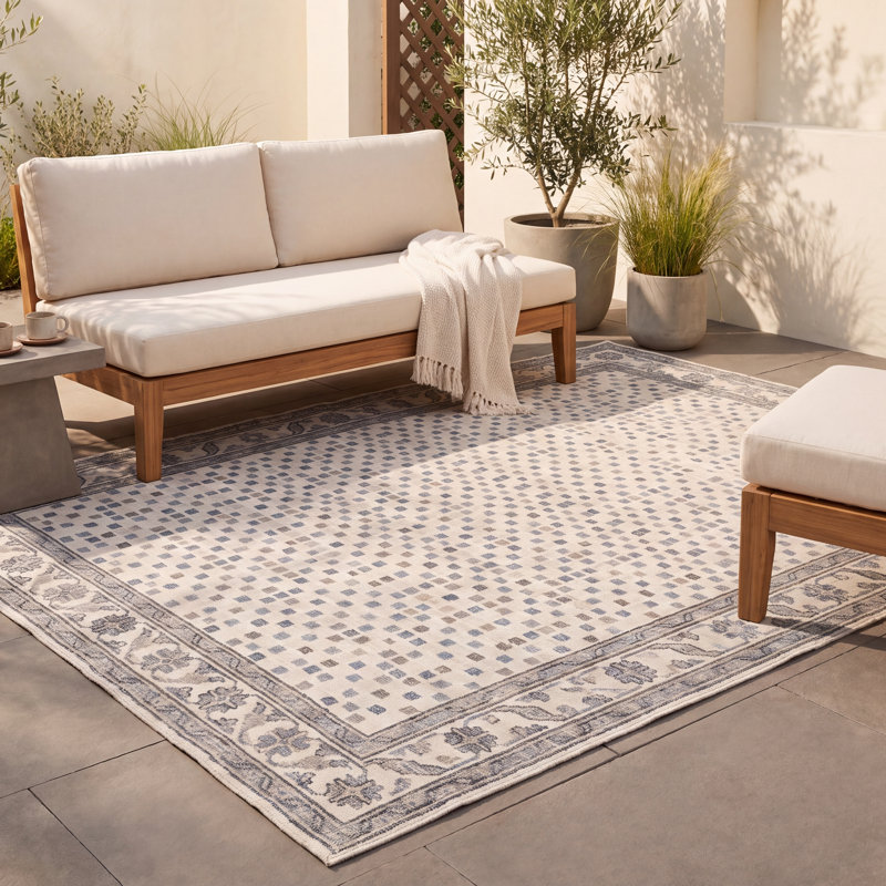 Tapis Vandelay moderne à motifs mosaïques abstraites bleu, gris et beige, lavable à la machine, antidérapant, à poils courts, pour l'intérieur et l'extérieur, adapté aux animaux domestiques, idéal pour le salon, la chambre, la salle à manger, l'entrée, le couloir ou le bureau.