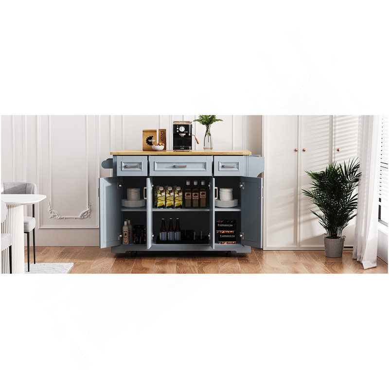 54Inch Large Kitchen Island With Rubber Wood Drop Leaf, Embossed Texture Rolling Kitchen Cart On 4 Wheels With 4 Doors And 3 Drawers, Kitchen Island With Storage For Kitchen, Dining Room,Grey Blue