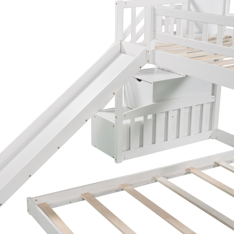 Lit superposé simple au-dessus de simple avec deux tiroirs et glissière Stairway, blanc, Blanc