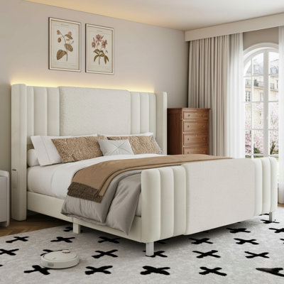 King Size Bed Frame with Tall Headboard and Footboard, Boucle and Velvet Upholstered Bed Frame Queen with LED Lights, Modern Platform Bed Frames, Noiseless, Easy Assembly, White