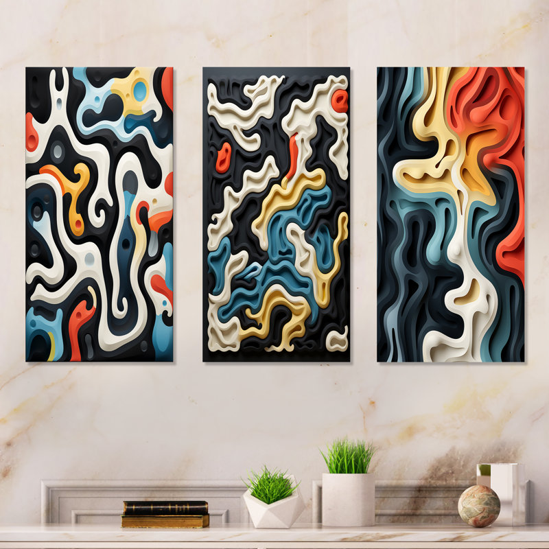 Multicolore Labyrinth Fusion - Formes abstraites en métal Art mural, ensemble de 3, H 28 po x l 36 po