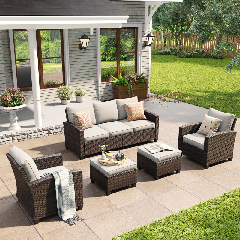 5 Seats Wicker Patio Conversation Set with Cushions, Brown Frame/Sand Cushion
