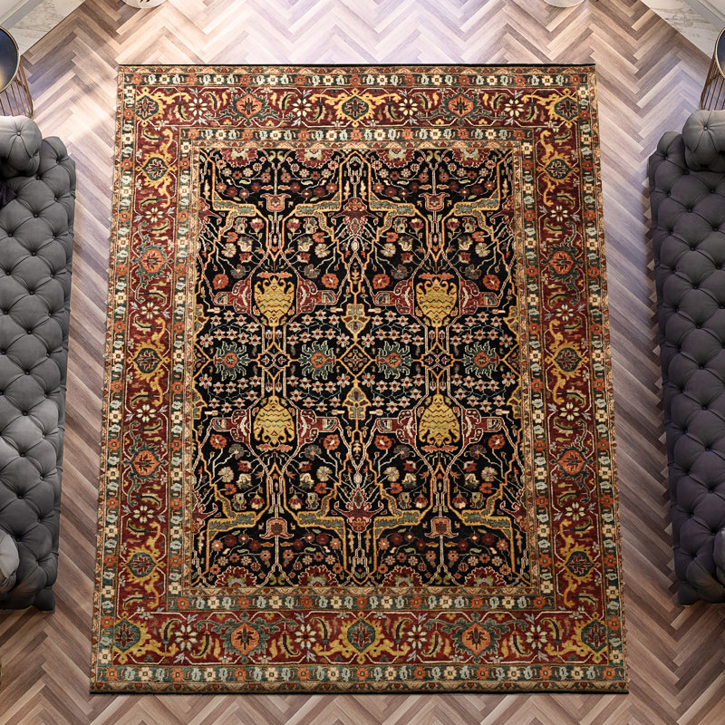 High-Quality Hand-Knotted Blue And Red Area Rug, Rectangle 10' x 14'
