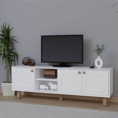 Meuble télé moderne blanc avec option de fixation murale, 63,0 x 22,0 x 15,8 pouces | 100% panneau de particules enduit de mélamine, épaisseur: 0,7 pouce | Plusieurs tablettes au design scandinave, parfaites pour les salons et les espaces de divertissement