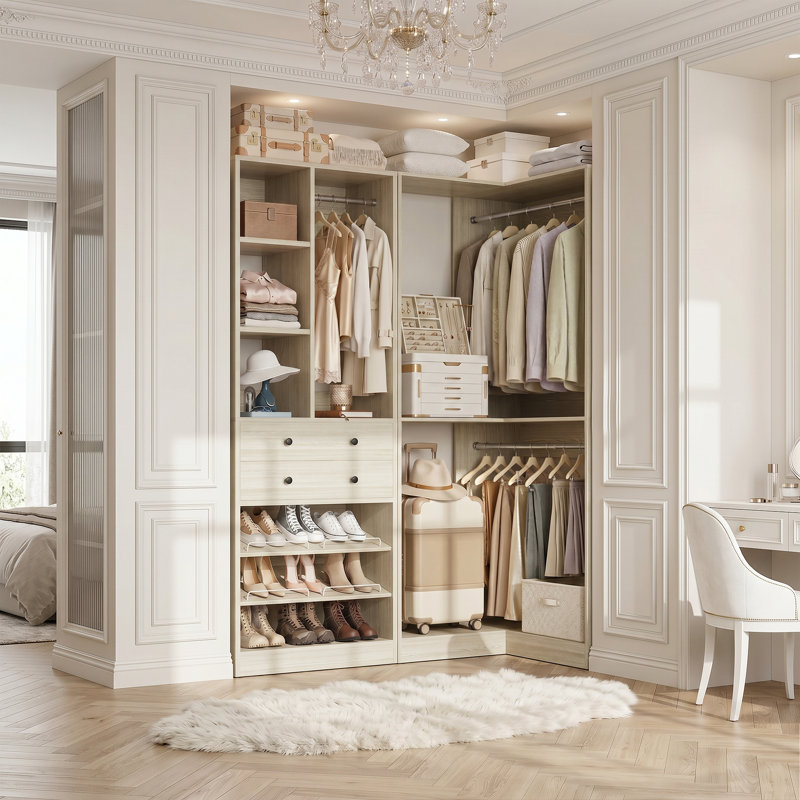 Système d'organisation de garde-robe, organisateur de garde-robe de coin autoportant de 80 po avec tiroirs, étagères à chaussures et tringles de suspension multiples