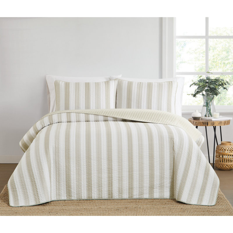 Aiden Polyester Comforter Set, Queen Quilt+ 2 Standard Shams, White/Tan