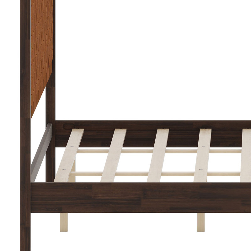 Base de lit plateforme Mid-Century moderne avec tête de lit tissée à la main, Marron foncé