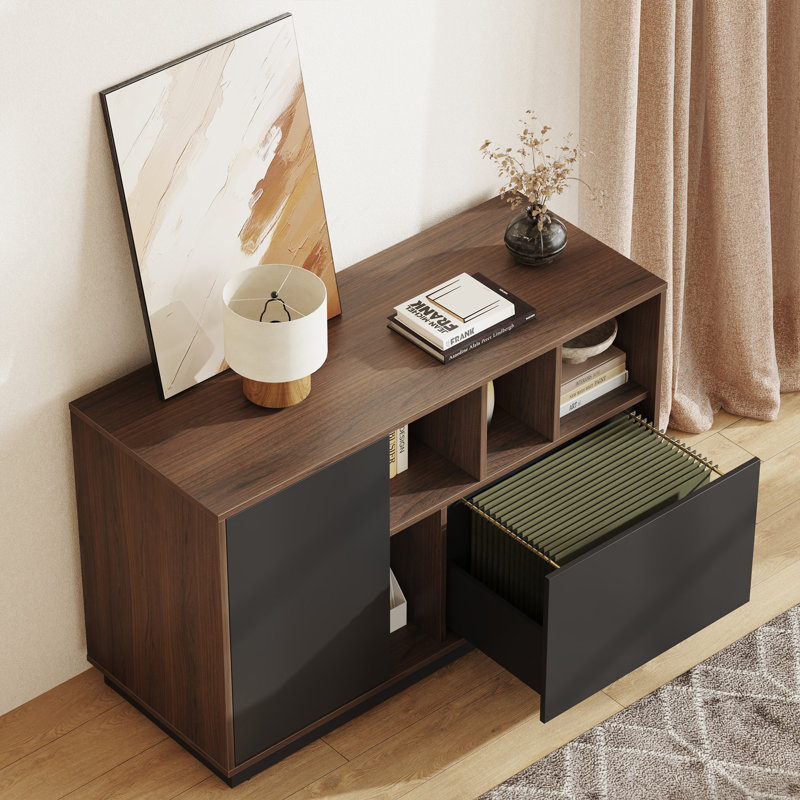 Crain 39"W - Modern Storage Cabinet With Drawer, Adjustable Shelves And Open Storage For Home Office, Black Walnut