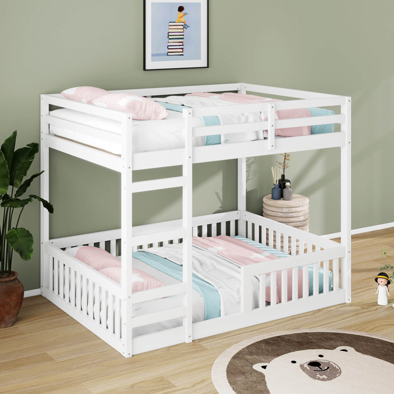 Full Over Full Wood Bunk Bed, Low Bunk Bedwith Ladder And Guardrails, Wooden Bunk Bed, White