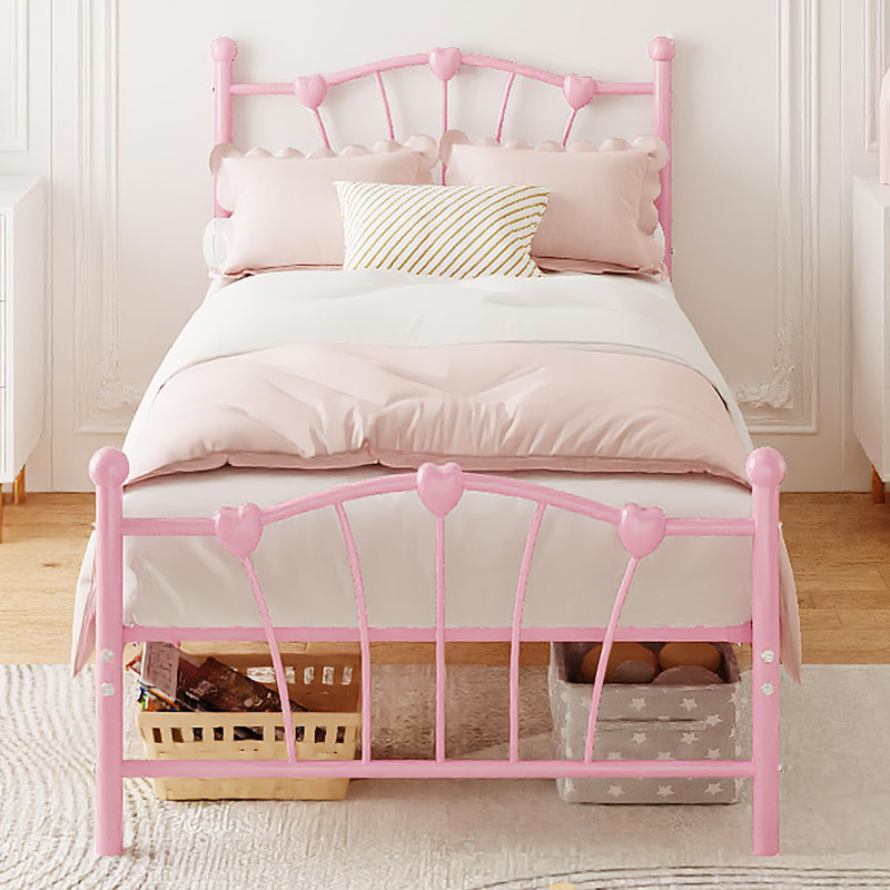 Twin Size Metal Platform Bed Frame For Girls, Twin Bed Frame With Headboard, Pink