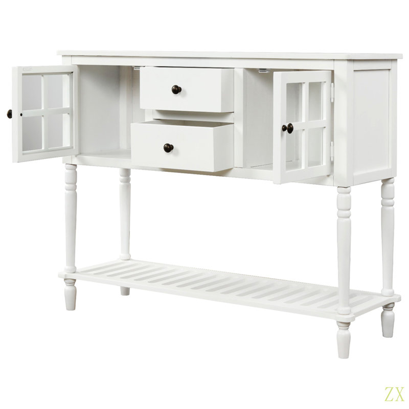 Console avec buffet et tablette inférieure, armoire de rangement en bois / verre Farmhouse, Blanc