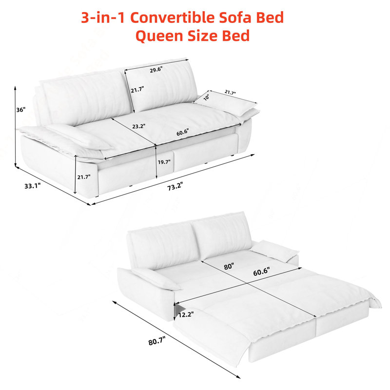 Canapé-lit escamotable de 73,2 po, canapé-lit convertible 3 en 1, causeuse en velours multifonctionnel
