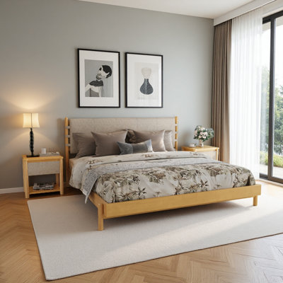 Ensemble de base de lit moderne avec 2 tables de chevet, lit plateforme en bois avec tête de lit et tables de chevet assorties pour la chambre à coucher