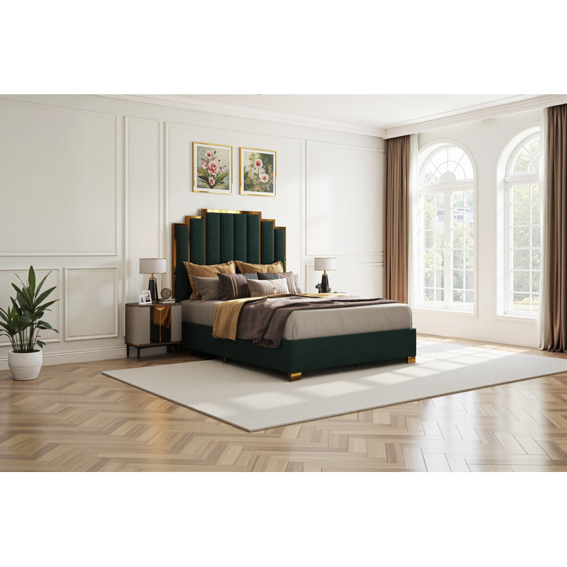 Grand lit plateforme tapissier Duncanville, crème, Grand, Vert