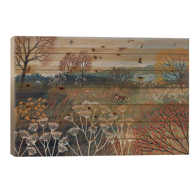 Across Autumn Meadow par Jo Grundy - impression sur bois sans cadre, L 26 po x H 18 po