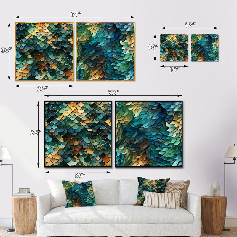 Émeraude et mosaïque bleue symphonie - ensemble de 2 collages carrés abstraits, Cadre flottant noir, H 16 po x l 33 po