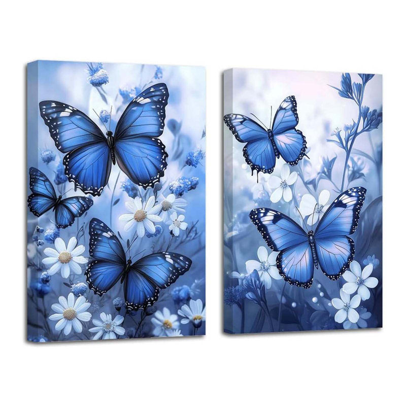 Butterfly Picture Wall Decor Fantasy Wall Art 2 Piece Butterflies With Flower Painting Prints Rustic Floral Framed Artwork (2 Pieces)