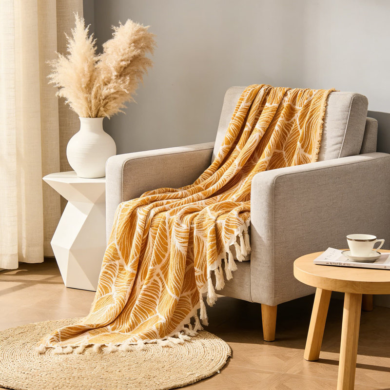 Jeté réversible en chenille et coton, couverture décorative tissée légère pour canapé, lit, canapé et utilisation extérieure avec bordure à pampilles