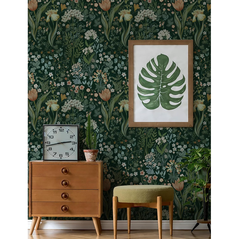 Papier peint adhésif rétro vert floral pour chambre à coucher, tiroir et décoration murale 17,3 "x 196,8"