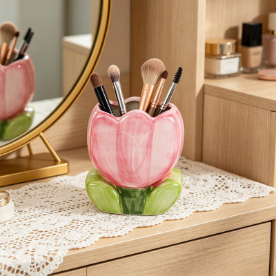Flower Shape Ceramic Pen Cup Desktop Vase Organizer For Pencils Brushes Small Flowers Home Office Decor