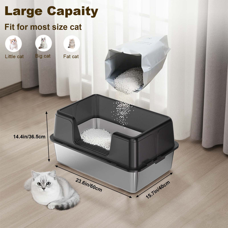 Stainless Steel Litter Box, 36.6cm H x 59.9cm W x 39.9cm D, Black