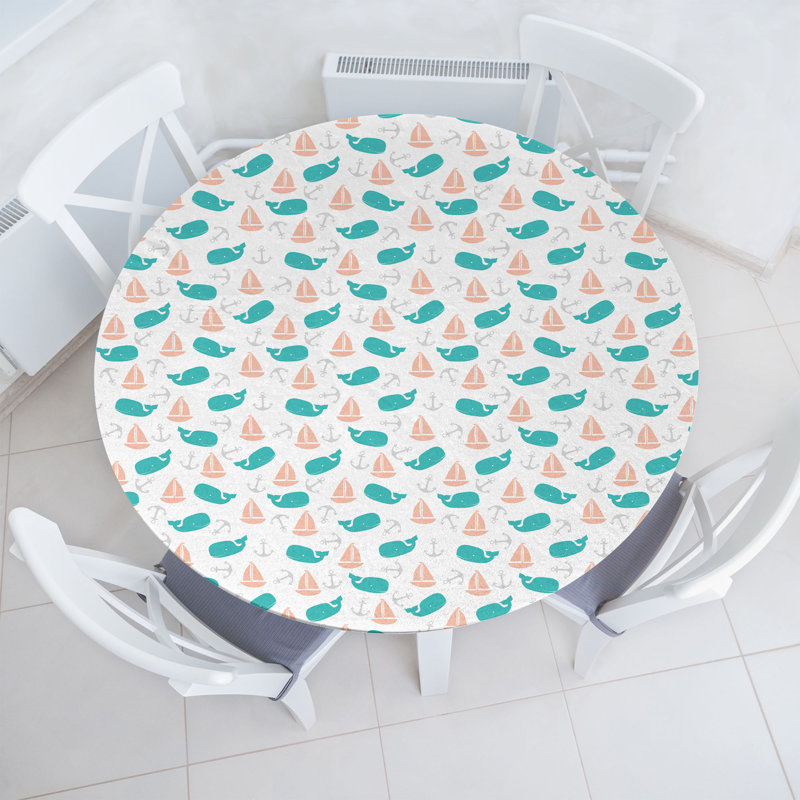 Ebern Designs Nautical Fitted Round Tablecloth Diameter Turquoise Peach, 64.17" Round