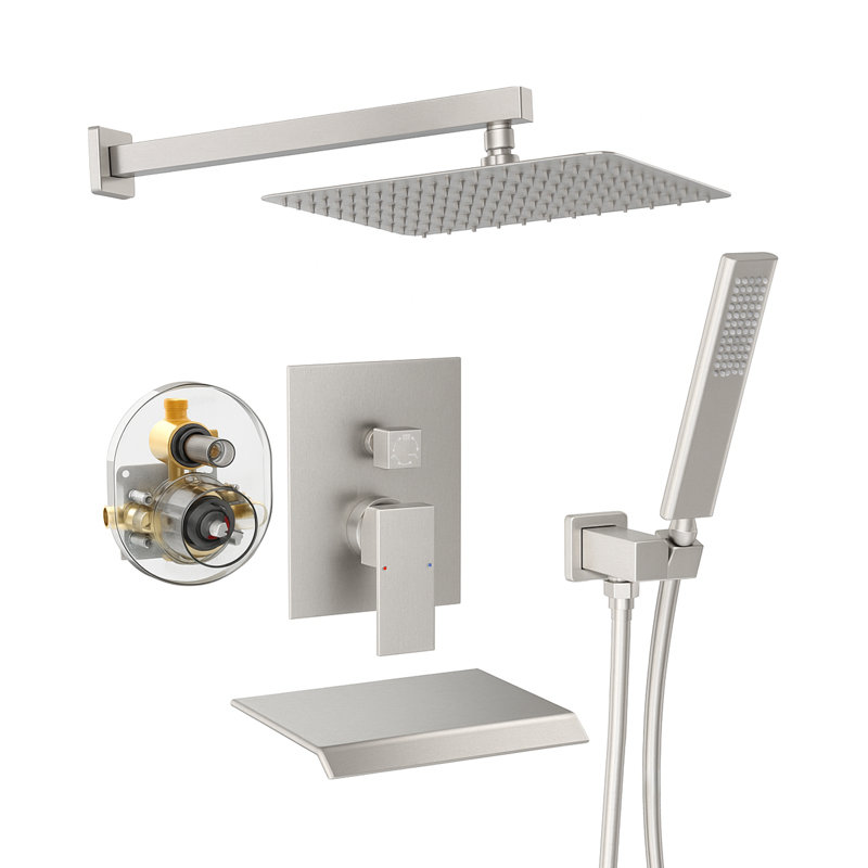 Topcraft Wall-Mounted 12-Inch Rain Shower System With Handheld Showerhead And Tub Spout, Brushed Nickel