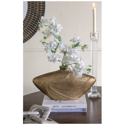 Sculptural Aluminum Vase with Gold Swirling Design, 16" W x 8.8" H Abstract Decor Accent