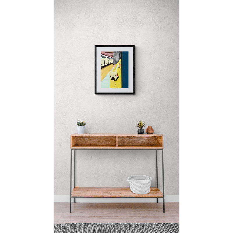 Commuter With Dog In Bag Print by Evan Sklar, Black Framed Paper, 21.25" H x 17.25" W